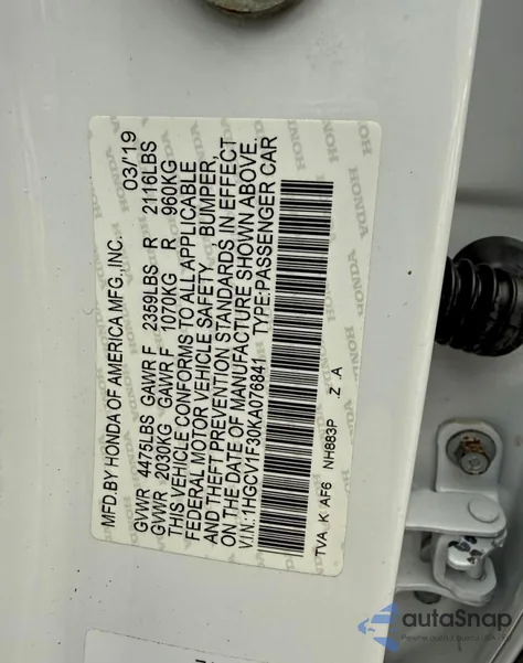 2019 Honda Accord Sport z USA, uszkodzony, nr VIN 1HGCV1F30KA076841